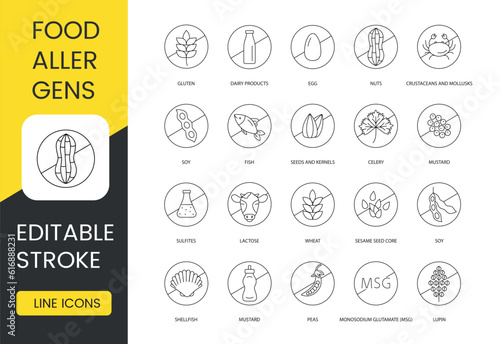 Food allergens line icon set in vector, editable stroke, dairy products and gluten, egg and nuts, soy and crustaceans and mollusks, seeds and kernels, fish and celery, sulfites
