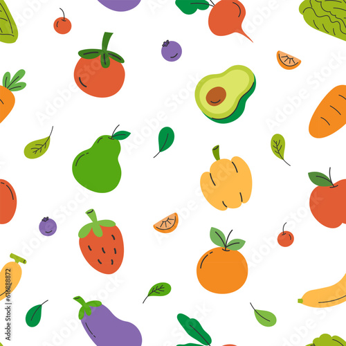 Fototapeta Naklejka Na Ścianę i Meble -  Fruits and vegetables seamless pattern. Grocery theme repeating print. Flat cartoon style vector illustration for background, wallpaper, package or wrapping.