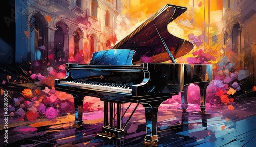 Colourful piano with watercolor background