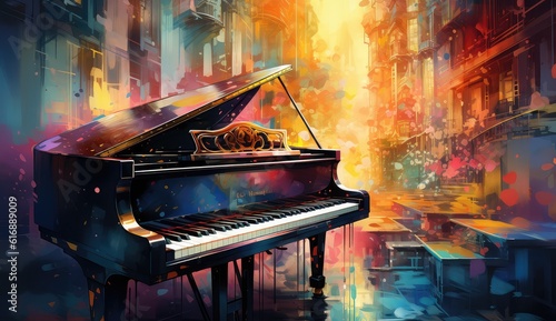 Colourful piano with watercolor background