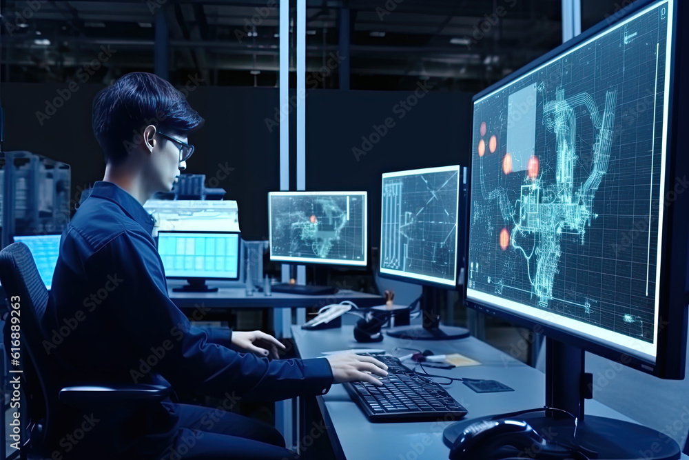 Engineer manager monitors and controls robot arm automation in smart factories in real time monitoring system software, welding robots and digital manufacturing operations Engineer manager monitors and controls robot arm automation in smart factories in real time monitoring system software, welding robots and digital manufacturing operations
