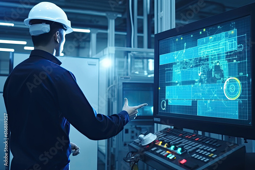 Engineer manager monitors and controls robot arm automation in smart factories in real time monitoring system software, welding robots and digital manufacturing operations