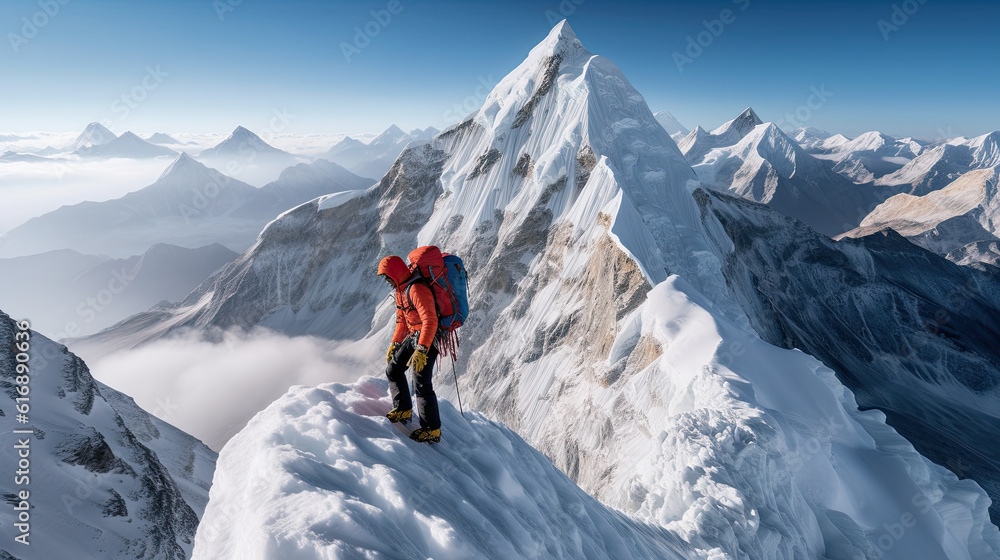 Climber ascending a mountain in winter. Extreme sport for heroic people