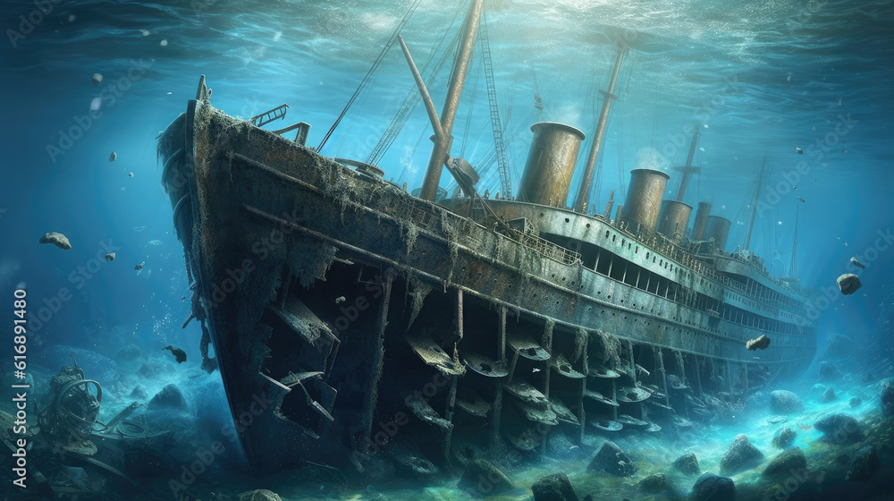 Sunken shipwreck at the bottom of the sea Sunken shipwreck at the bottom of the sea