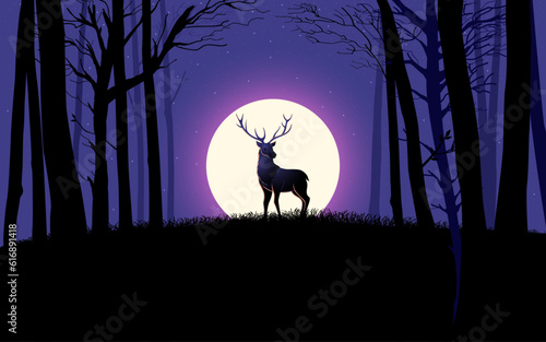 Beautiful scenery of a deer during full moon in the woods, vector illustration