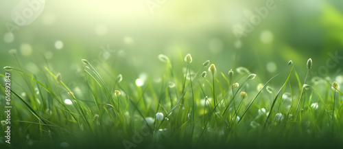 a green grass field with dew on it Generated by AI