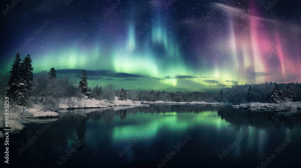 Dark winter night snow covered landscape, northern lights in the sky reflecting on the lake