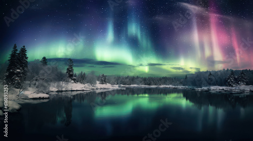 Dark winter night snow covered landscape  northern lights in the sky reflecting on the lake