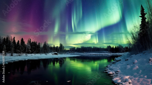 Dark winter night snow covered landscape  northern lights in the sky reflecting on the lake