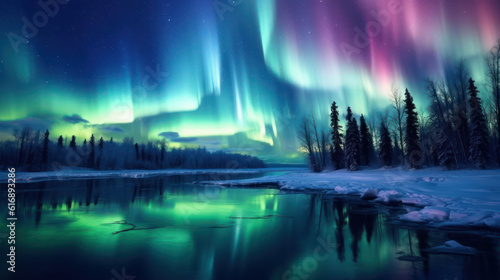 Dark winter night snow covered landscape, northern lights in the sky reflecting on the lake © tashechka