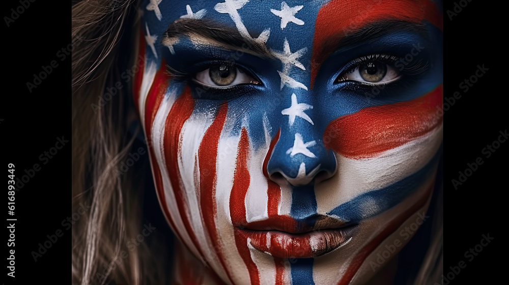 Close-up of painted face. Face art side view in profile. USA patriotic concept