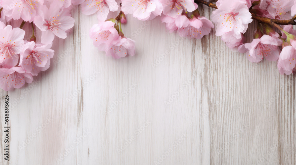 Pink cherry blossoms on white wooden background Pink cherry blossoms on white wooden background
