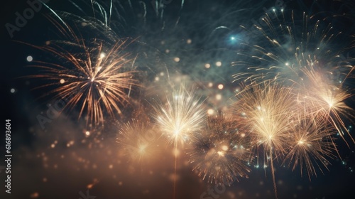 Abstract colored firework background with free space for text. Bright fireworks. Background festive night fireworks in the sky. generative ai