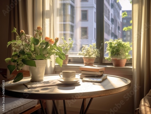 A cup of coffee and vase of flowers on a wooden table by the window  sunlight passing through the window. Generative AI
