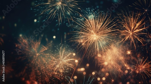 Abstract colored firework background with free space for text. Bright fireworks. Background festive night fireworks in the sky. generative ai
