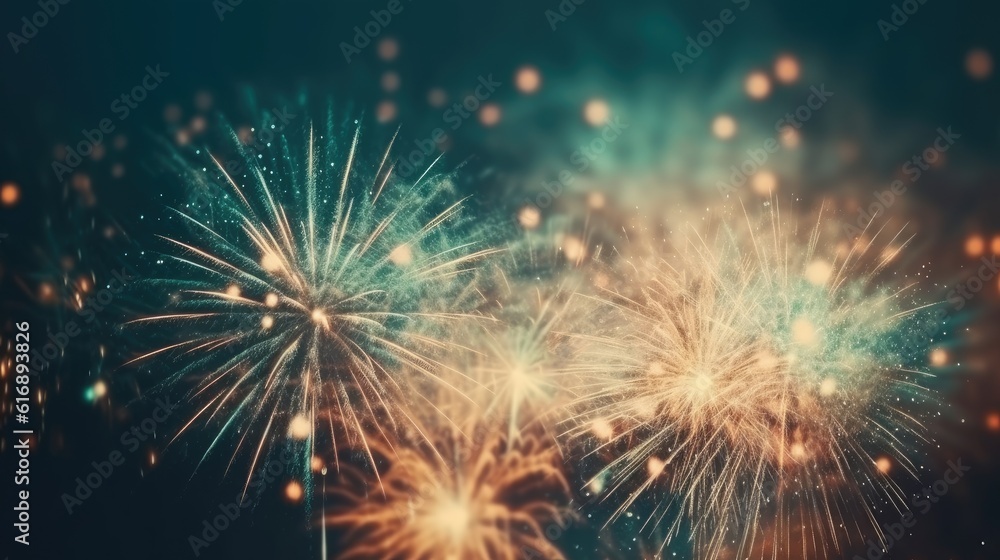Fototapeta premium Abstract colored firework background with free space for text. Bright fireworks. Background festive night fireworks in the sky. generative ai