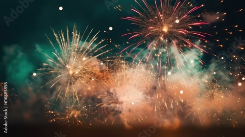 Abstract colored firework background with free space for text. Bright fireworks. Background festive night fireworks in the sky. generative ai