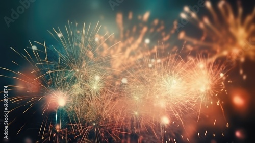 Abstract colored firework background with free space for text. Bright fireworks. Background festive night fireworks in the sky. generative ai