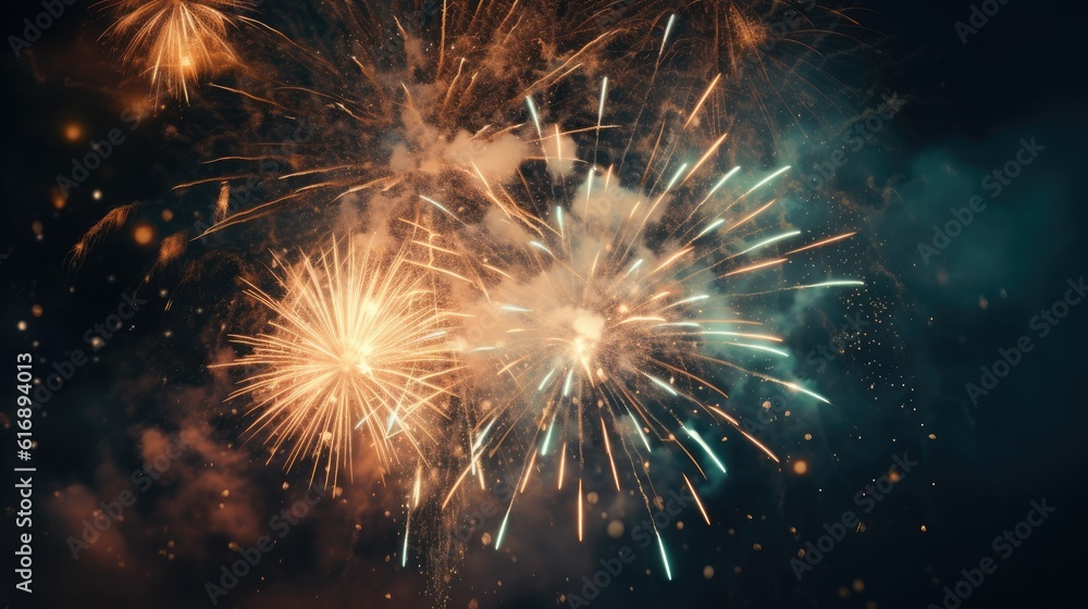 Fototapeta premium Abstract colored firework background with free space for text. Bright fireworks. Background festive night fireworks in the sky. generative ai