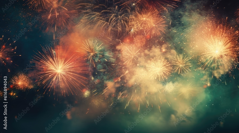Fototapeta premium Abstract colored firework background with free space for text. Bright fireworks. Background festive night fireworks in the sky. generative ai