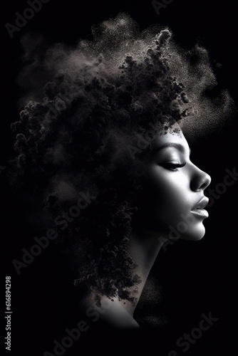Gorgeous woman in the clouds of smoke and dust. Stunning photorealistic black and white portrait 
