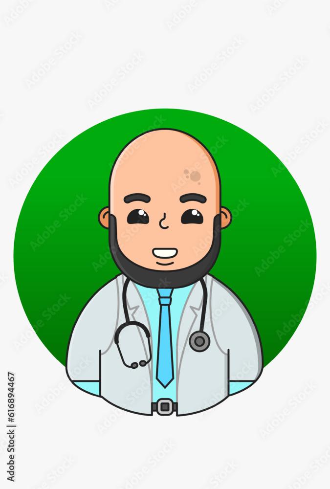 Fototapeta premium Design of a bald medic with a black beard in a white coat blue shirt tie belt with a stethoscope