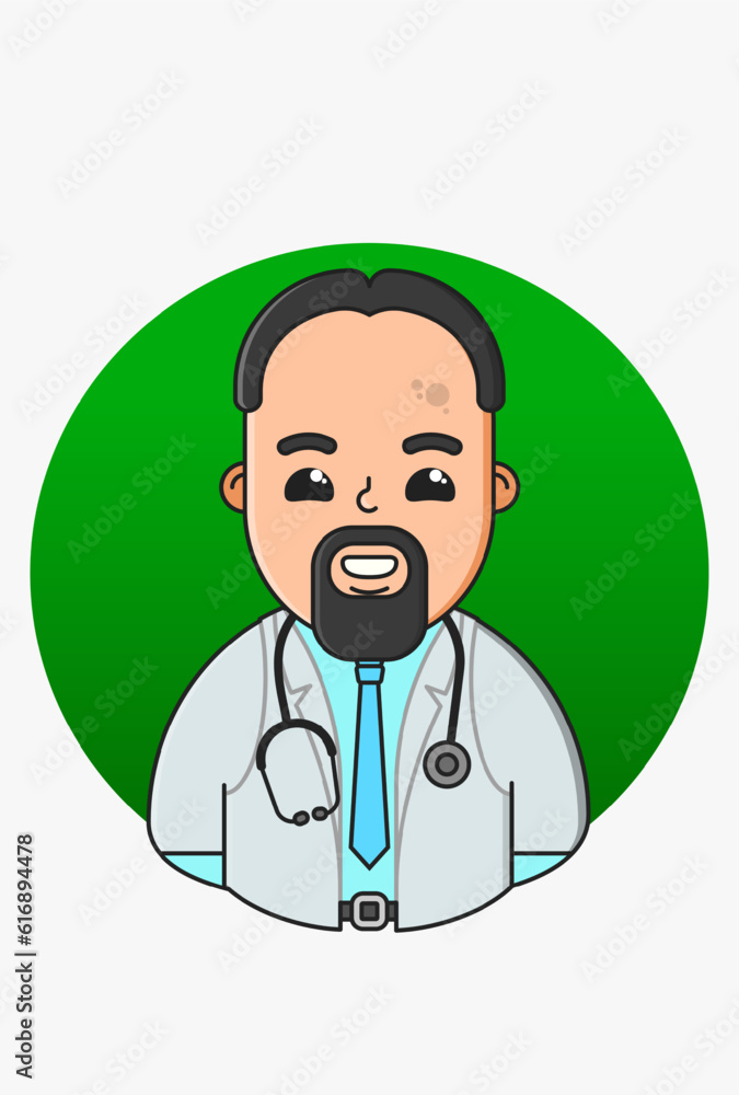 Fototapeta premium Vector illustration of a specialist in a white medical coat on a round green background