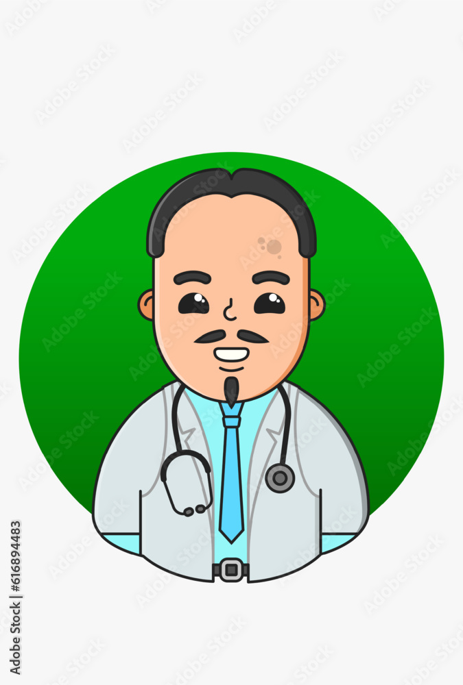 Design of medic with black hair thin beard and mustache in white coat blue shirt tie belt with stethoscope