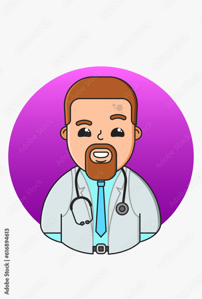 Vector illustration of a male in a white medical coat on a purple round background Vector illustration of a male in a white medical coat on a purple round background