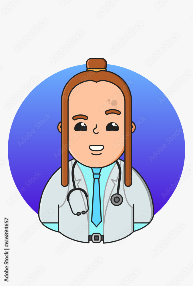 Fototapeta premium Design of a medic with brown long hair and a bun in a white coat, blue shirt, tie, belt with a stethoscope
