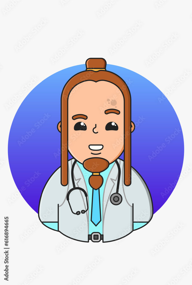 Fototapeta premium Vector illustration of a doctor in a white medical coat on a round blue background