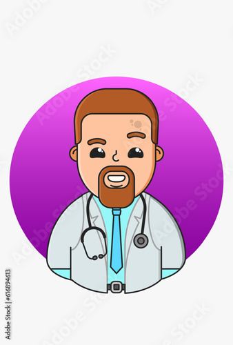 Vector illustration of a male in a white medical coat on a purple round background