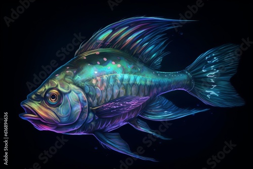 Fantasy Glowing bioluminescent fish isolated on black background. Emitting lure  illuminating the dark abyss