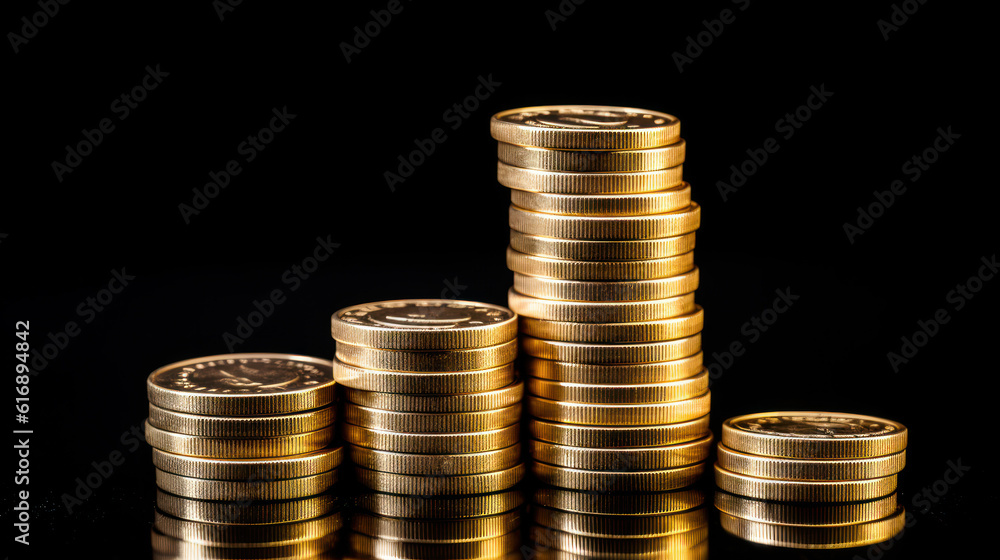 Golden Stacks: A Majestic Tower of Gold Coins on a Mysterious Black Canvas. Generative AI Golden Stacks: A Majestic Tower of Gold Coins on a Mysterious Black Canvas. Generative AI
