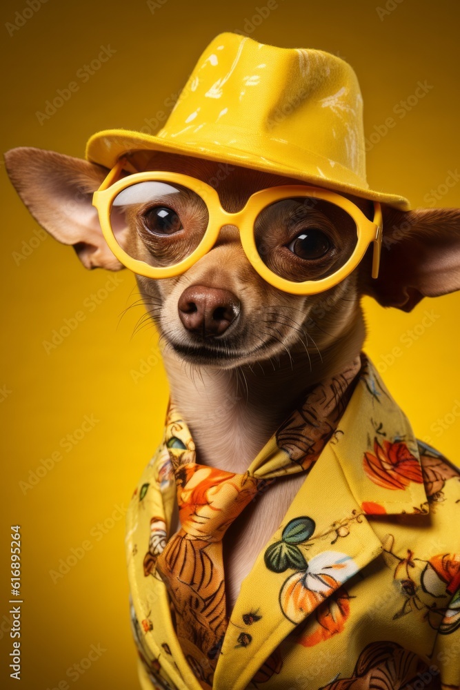 Cool looking Chihuahua dog wearing funky fashion and sunglasses. 
