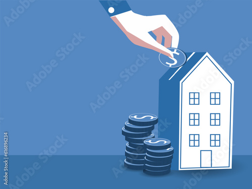 hand of someone put coin to house money box with step of growing coins, money saving or investing for home loan or real estate concept. vector illustration.