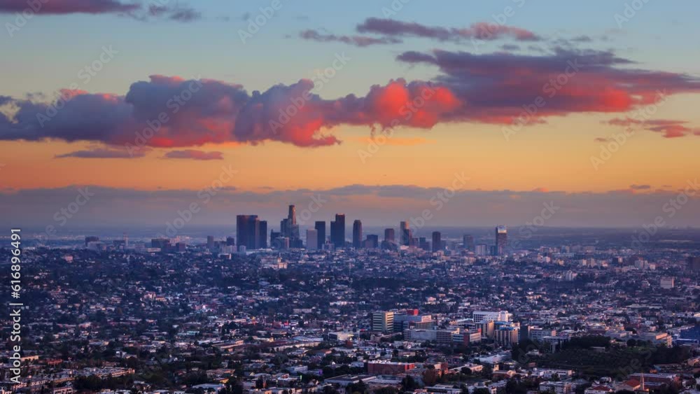 City of Los Angeles skyline at sunset, beautiful clouds rolling in blue ...