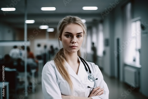 portrait of an attractive young nurse girl in clinic. Generative AI