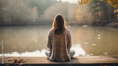 Serene image illustrating the practice of mindfulness meditation. A person in deep contemplation, symbolizing inner peace, mental clarity, and the quest for self understanding. Generative AI