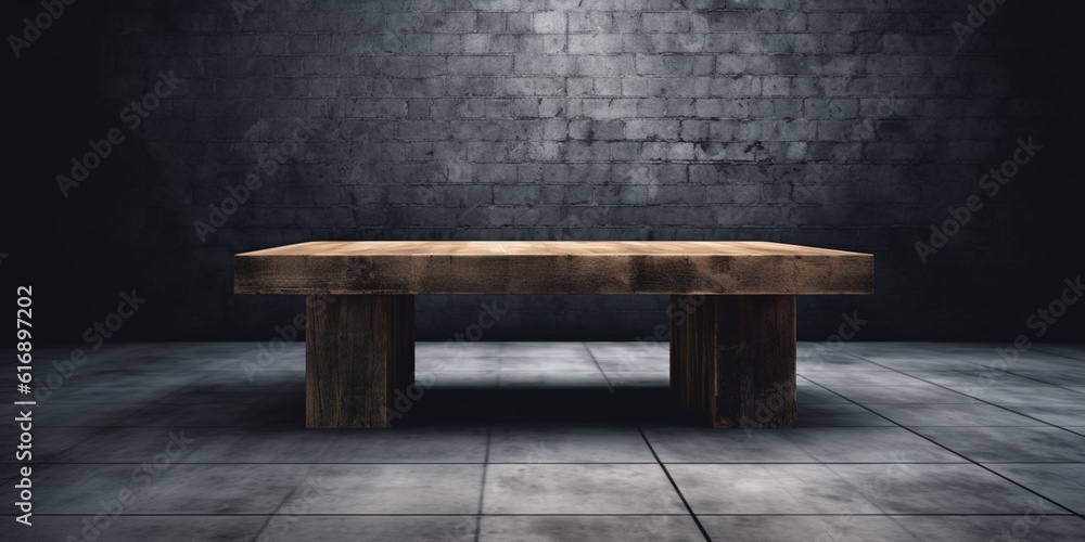 Brown wood table on dark background, product display copy space, AI Generated Brown wood table on dark background, product display copy space, AI Generated