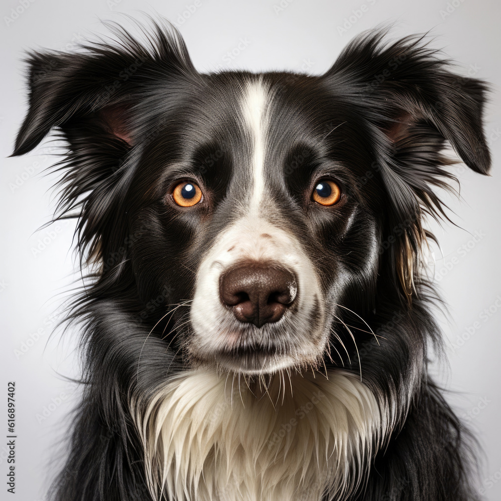 A Border Collie (Canis lupus familiaris) with dichromatic eyes in a staring pose.