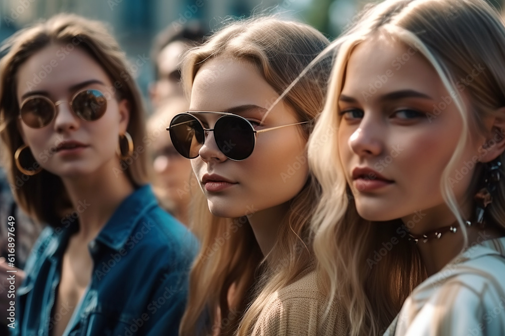 crowd of young women on city street in casual clothes. Feminists defend feminism and women's rights. Generative AI crowd of young women on city street in casual clothes. Feminists defend feminism and women's rights. Generative AI