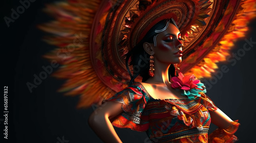 Ilustración mujer azteca, prehispanica. colorida