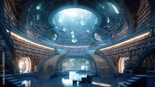 Futuristic Big Library with many shelf generated ai