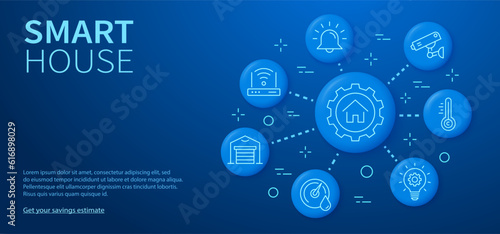 Smart home banner template with linear icons. Set of wireless, surveillance, network, router and and others.