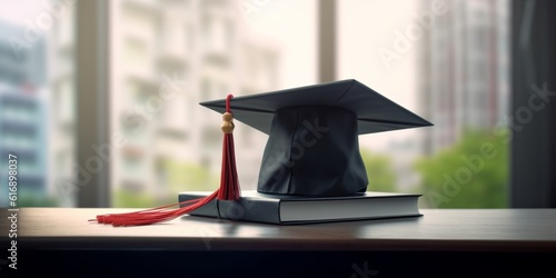 University graduation cap and book background, AI Generated