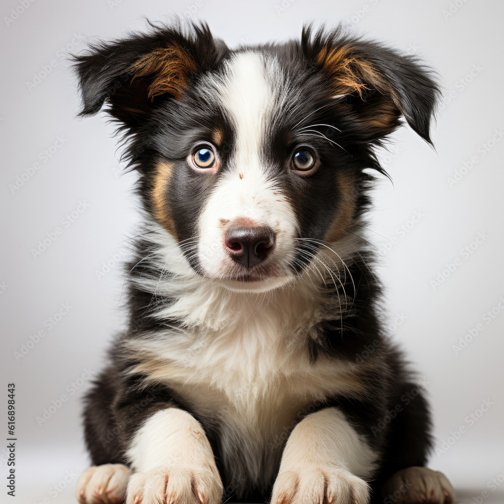 A sitting Border Collie puppy (Canis lupus familiaris) with a sable and white coat, looking adorable and attentive.