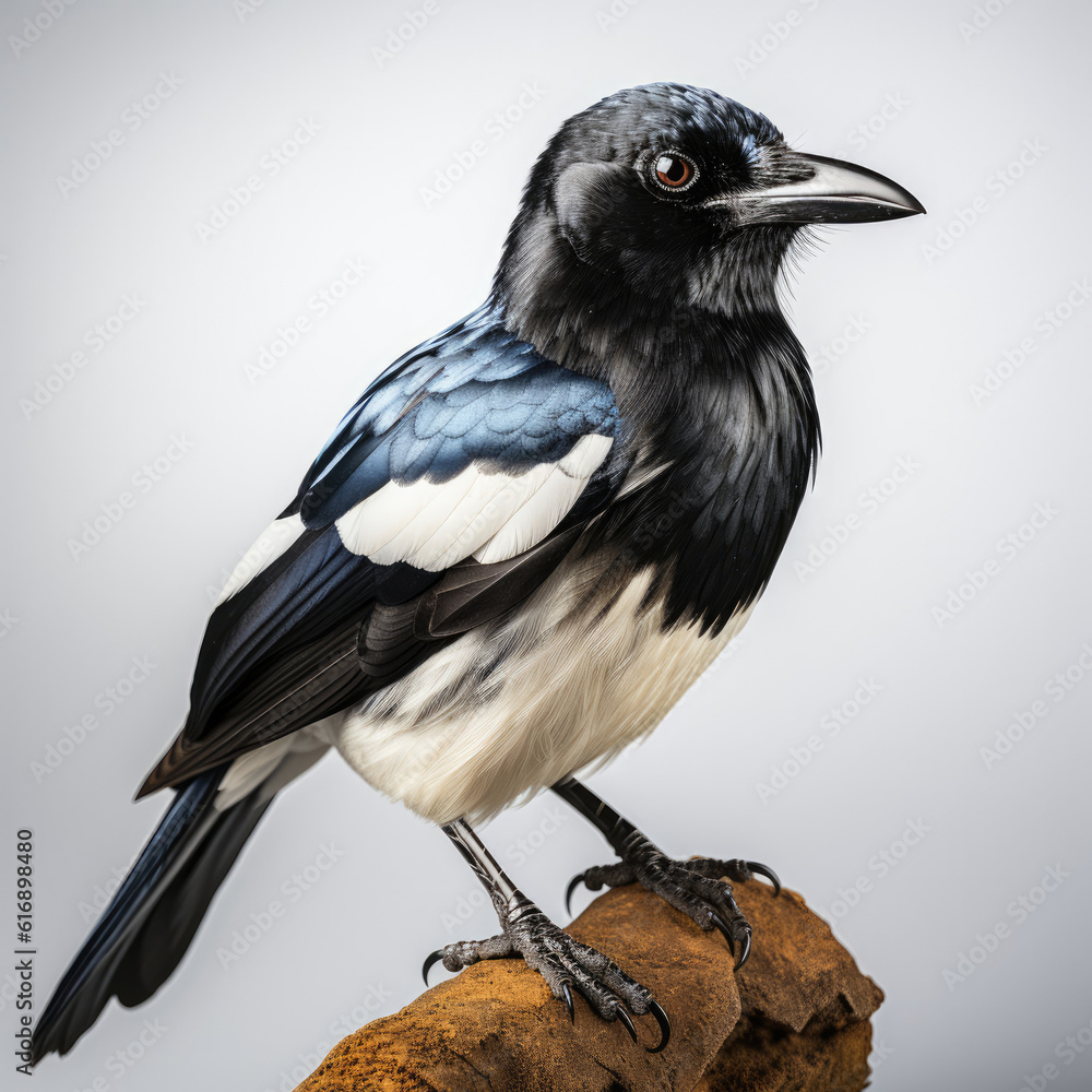 Fototapeta premium An inquisitive magpie perched on a branch, observing its surroundings.