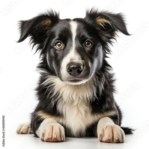 A sitting Border Collie puppy (Canis lupus familiaris) with a sable and white coat, looking adorable and attentive.