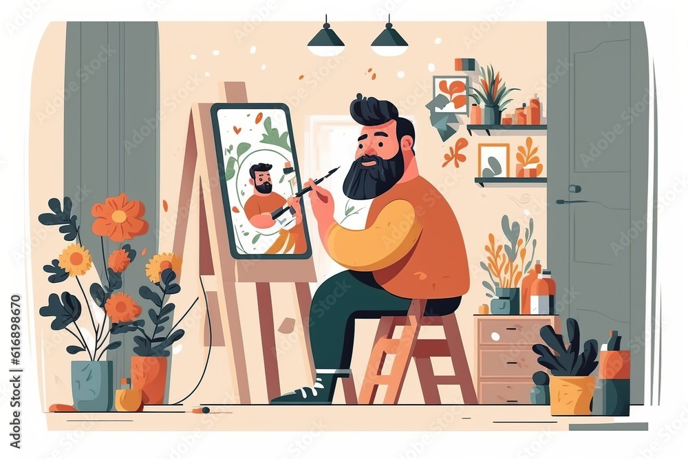 the artist paints a picture with a brush at home. the concept of art. generative ai. the artist paints a picture with a brush at home. the concept of art. generative ai.